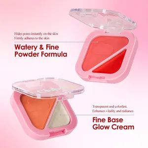 Gros plan sur les textures du fard à joues poudre rose et de la crème éclat 2-en-1