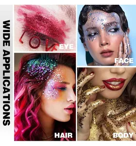 Detailansicht von buntem Kosmetik-Glitzer für Augen, Gesicht, Haare und Körper.