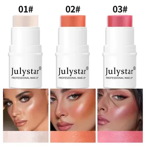 Julystar blush stick shades 01 02 03 with makeup effects and texture swatches on model