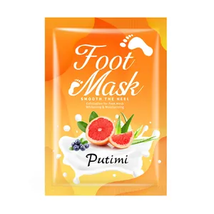 Detailed view of Putimi foot mask packaging with exfoliating and whitening properties
