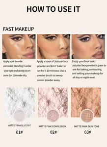 Tutorial for Julystar matte setting powder showing three shades and application steps.