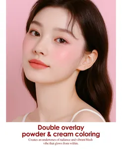 Gros plan sur l'effet blush rose éclatant sur peau de mannequin asiatique avec palette