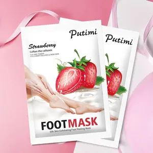 Macro view of Putimi strawberry foot mask sachet for exfoliating and softening calluses