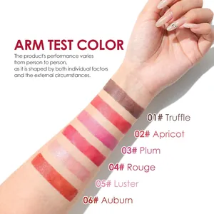 Close-up detail of 6 liquid blush shades swatched on arm showing shimmer and texture