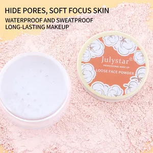 Detailed view of Julystar matte loose face powder texture with professional packaging