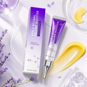Close-up of Retinal Volume Booster serum tube and box with lavender and yellow gel texture