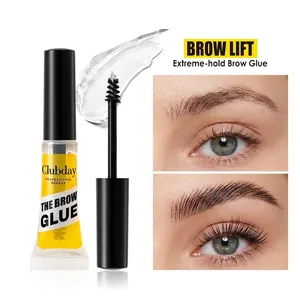 Detailed view of clear brow glue with spoolie and before-after styling results
