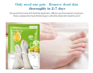Detailed view of EFERO exfoliating foot mask packaging and skin application