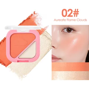 Palette blush poudre bicolore 02# Aureate Flame Clouds avec highlighter et échantillons