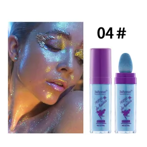 Detail of Fairy Highlighter Powder with blue sponge applicator and glitter effect on model's face