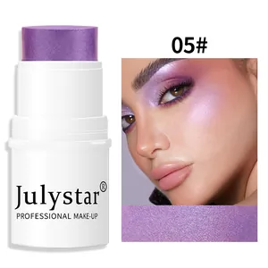 Detailed view of Julystar purple shimmer blush stick with model application effect