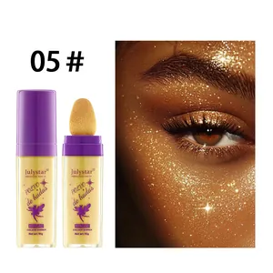Macro view of golden fairy glitter highlighter applied to eyes for a glowing makeup look