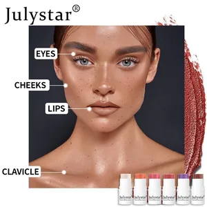 Set of multi-use makeup sticks for eyes, cheeks, and lips showing model application details