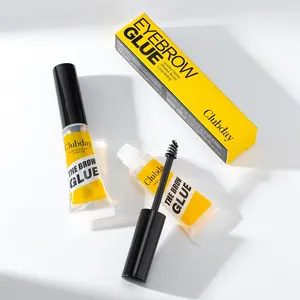 Detailed macro view of Clubday eyebrow glue styling gel with professional applicator brush.