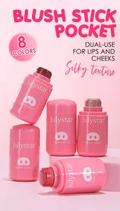 Macro detail of Julystar cream blush sticks showing silky texture and pink packaging