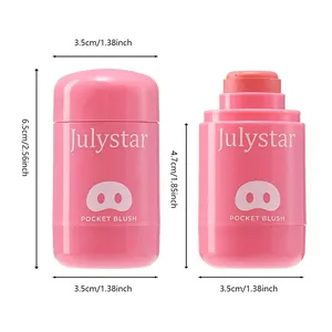 Dimensions view of Julystar pink pocket blush stick showing 6.5cm height and 3.5cm width