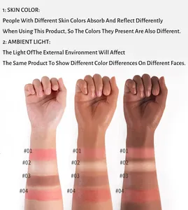 Wasserfeste matte Jelly-Rouge- und Highlighter-Stift-Swatches auf verschiedenen Hauttönen.