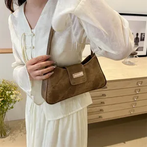 Vintage brown suede baguette bag with metal buckle for women's shoulder underarm carry