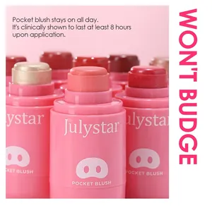 Macro view of Julystar cream blush sticks showing vibrant textures and pig nose logo