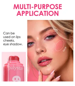 Julystar lip and cheek balm stick showing versatile makeup application on face and lips