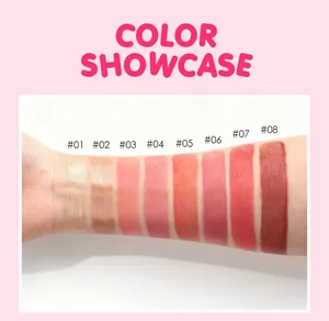 Detailed arm swatches showing eight moisturizing lip and cheek blush cream shades in a range of colors