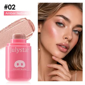 Detail showing shimmer pocket blush stick texture swatch and makeup application on model's cheek