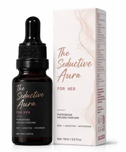 Vue détaillée du flacon de parfum aux phéromones Seductive Aura 15ml et sa boîte.