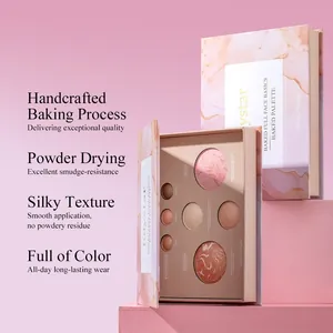 Vue détaillée de la palette de maquillage marbrée avec plusieurs teintes de blush et enlumineur