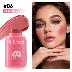 Detailed view of #06 pink pocket blush stick with cream swatch and model makeup