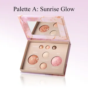 Gros plan sur la palette de maquillage Sunrise Glow avec motif marbre et teintes variés