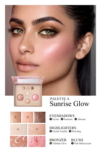 Vue complète de la palette de maquillage Sunrise Glow avec échantillons et modèle