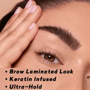 Close-up detail of waterproof eyebrow styling liquid effect for a laminated brow look
