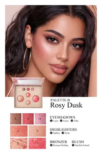 Palette Rosy Dusk détaillant les échantillons d'highlighter, bronzer et fard.