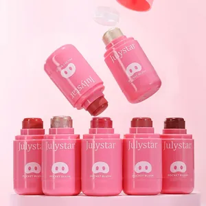 Close-up of Julystar Pocket Blush sticks in multiple shades on a pink background.