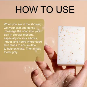 Detailed English usage instructions for the exfoliating body soap for smooth skin.