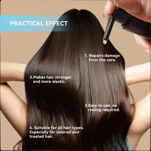 Primer plano del suero Dream Healer aplicado sobre cabello castaño liso y brillante