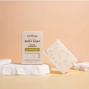 Detailed shot of exfoliating body soap with Italian Bergamot on white stone props