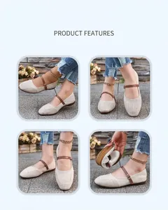 Détail de ballerines en toile kaki souples avec bout carré et bride.