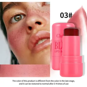 Detailed view of the 03 shade jelly blush stick with a skin swatch and model application