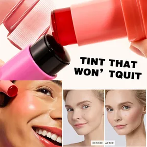 Macro detail view of hydrating jelly blush stick application and before-after results