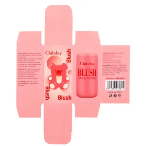 Technical flat lay layout of the Clubday pink jelly blush stick 2-in-1 packaging box