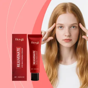 Detailed view of Hoygi Eye Bag Firming Eraser red tube and packaging with model demo
