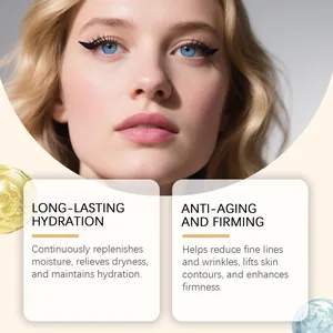 Gros plan d'une peau éclatante avec description détaillée des bienfaits hydratants et anti-âge.