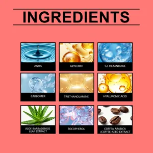 Detailed list of moisturizing eye gel ingredients like Hyaluronic Acid and Aloe Vera extract.