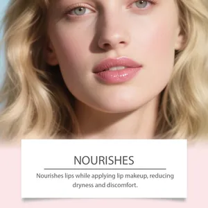 Detailaufnahme eines nährenden rosa Gloss-Lippenstifts auf hellen Lippen des Modells
