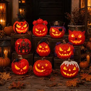 Decorative Halloween pumpkin lanterns set with multiple spooky faces for home decor