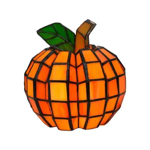 Luz Nocturna de Calabaza Hecha a Mano Estilo Tiffany Vidrio Colorido y Resina Decoración de Halloween Lámpara de Mesa de Noche Regalo de Festival