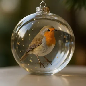 Vue détaillée d'un rouge-gorge réaliste dans une décoration de Noël en verre de cristal