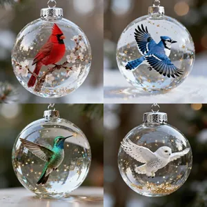 Vues détaillées de quatre ornements d'oiseaux en cristal avec cardinaux et hiboux