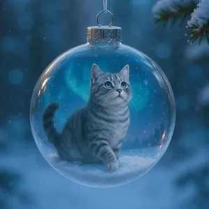 Chat tigré gris dans une boule de Noël en verre sur fond de forêt aux aurores boréales